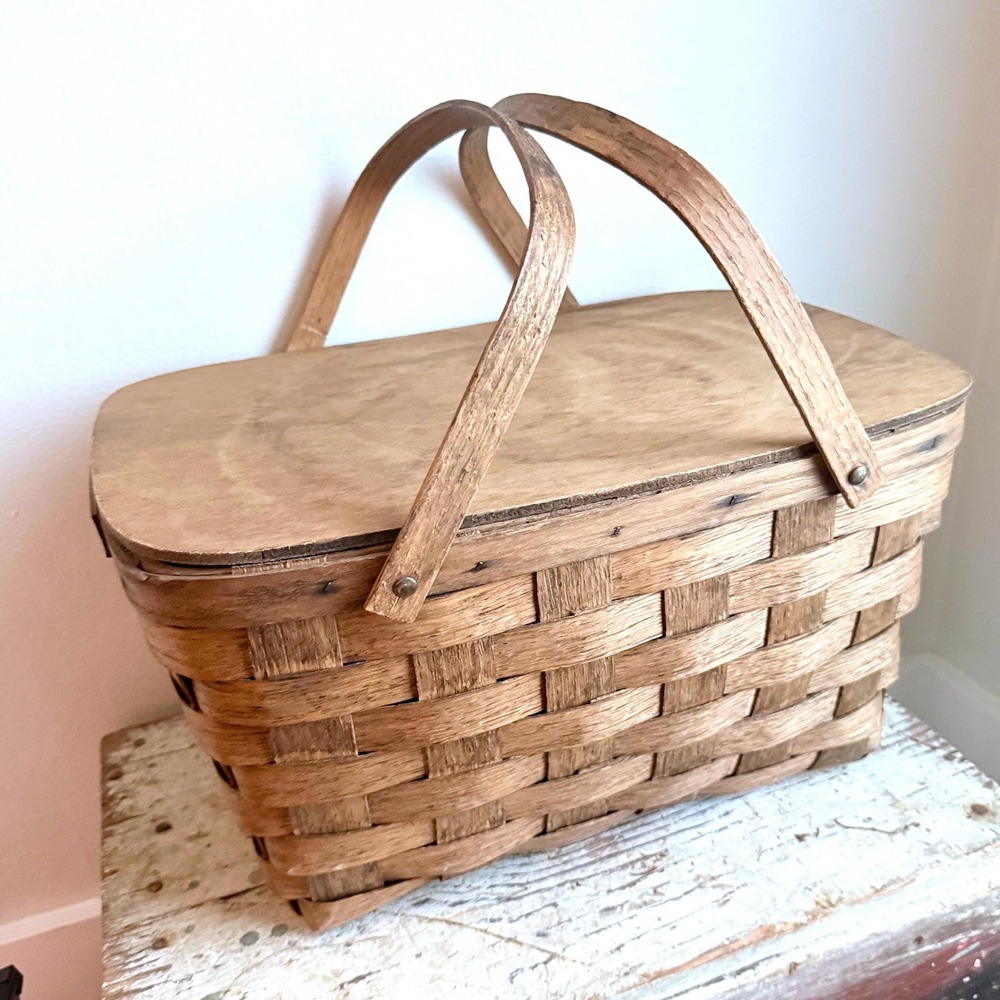 Antique Primitive Split Oak Handled Farmhouse Picnic Basket GARDEN COUNTRY‎